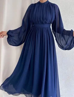 Women's White Dress Long Dress Maxi Dress Chiffon Ruched Date Elegant Streetwear Stand Collar Long Sleeve Black White Pink Color Women White Dresses
