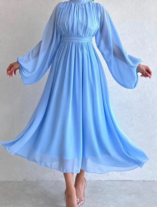 Women's White Dress Long Dress Maxi Dress Chiffon Ruched Date Elegant Streetwear Stand Collar Long Sleeve Black White Pink Color Women White Dresses