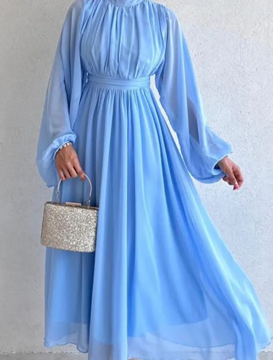 Women's White Dress Long Dress Maxi Dress Chiffon Ruched Date Elegant Streetwear Stand Collar Long Sleeve Black White Pink Color Women White Dresses