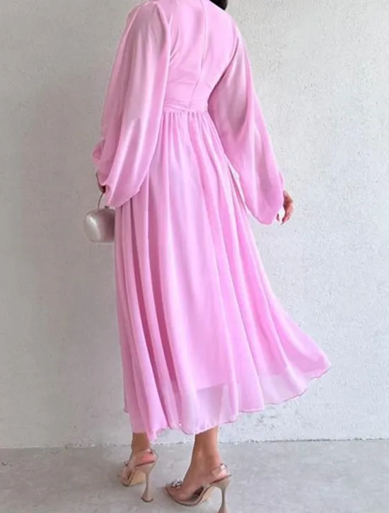 Women's White Dress Long Dress Maxi Dress Chiffon Ruched Date Elegant Streetwear Stand Collar Long Sleeve Black White Pink Color Women White Dresses