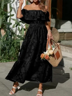 Best Women's White Dress Long Dress Maxi Dress Chiffon Lace Ruffle Date Vacation Streetwear A Line Off Shoulder Short Sleeve Black White Pink Color Women White Dresses