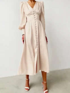 Discount Women's White Dress Long Dress Maxi Dress Button Date Vacation Streetwear Maxi V Neck Long Sleeve Black White Pink Color Women Cocktail Dress