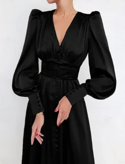 Discount Women's White Dress Long Dress Maxi Dress Button Date Vacation Streetwear Maxi V Neck Long Sleeve Black White Pink Color Women Cocktail Dress