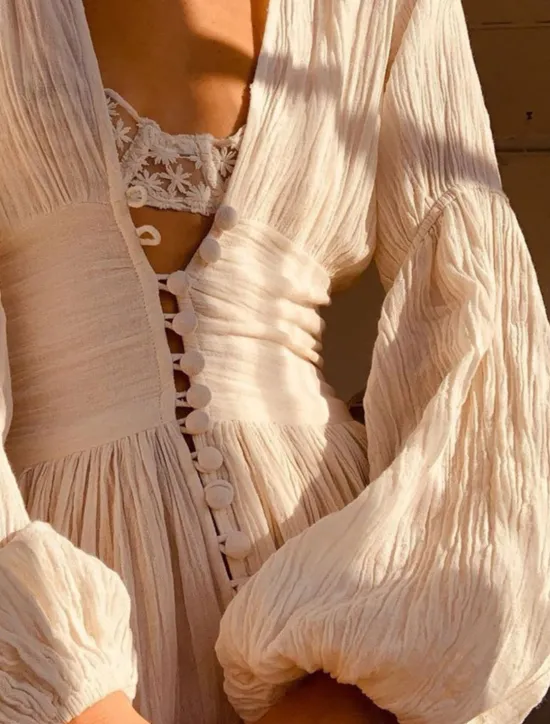 Women's White Dress Maxi Dress Button Split Thigh Vacation Beach Bohemia Hawaiian V Neck Long Sleeve Pink Green Beige Color Women White Dresses