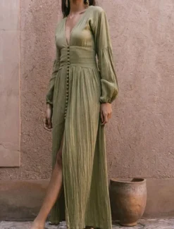 Women's White Dress Maxi Dress Button Split Thigh Vacation Beach Bohemia Hawaiian V Neck Long Sleeve Pink Green Beige Color Women White Dresses