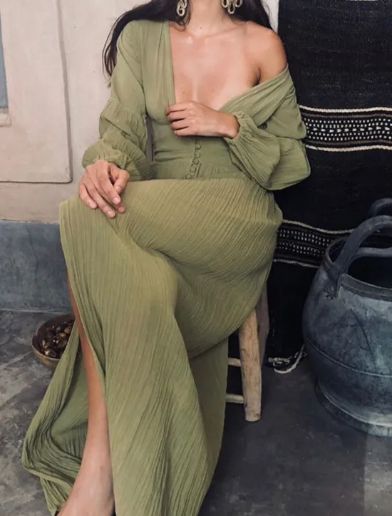 Women's White Dress Maxi Dress Button Split Thigh Vacation Beach Bohemia Hawaiian V Neck Long Sleeve Pink Green Beige Color Women White Dresses
