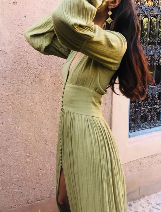 Women's White Dress Maxi Dress Button Split Thigh Vacation Beach Bohemia Hawaiian V Neck Long Sleeve Pink Green Beige Color Women White Dresses