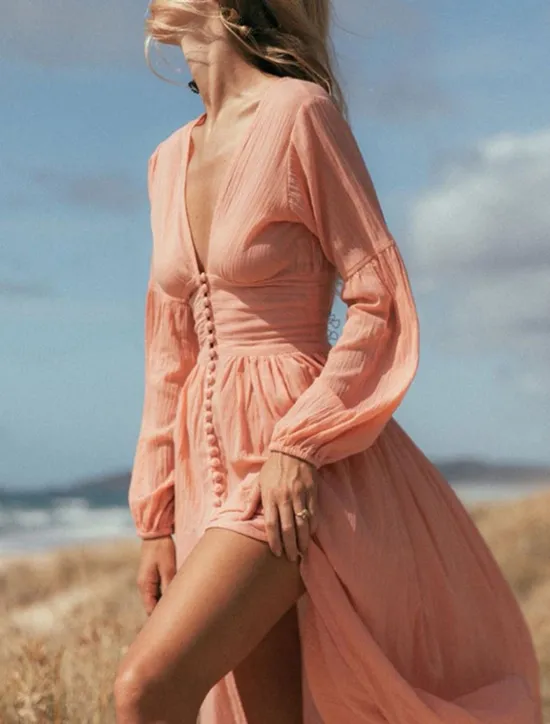 Women's White Dress Maxi Dress Button Split Thigh Vacation Beach Bohemia Hawaiian V Neck Long Sleeve Pink Green Beige Color Women White Dresses