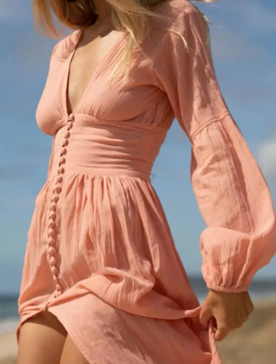 Women's White Dress Maxi Dress Button Split Thigh Vacation Beach Bohemia Hawaiian V Neck Long Sleeve Pink Green Beige Color Women White Dresses