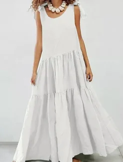 Clearance Women's White Dress Maxi Dress Ruffle Hem Vacation Casual Crew Neck Sleeveless Black White Sky Blue Color Women White Dresses