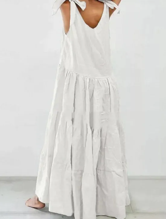 Clearance Women's White Dress Maxi Dress Ruffle Hem Vacation Casual Crew Neck Sleeveless Black White Sky Blue Color Women White Dresses