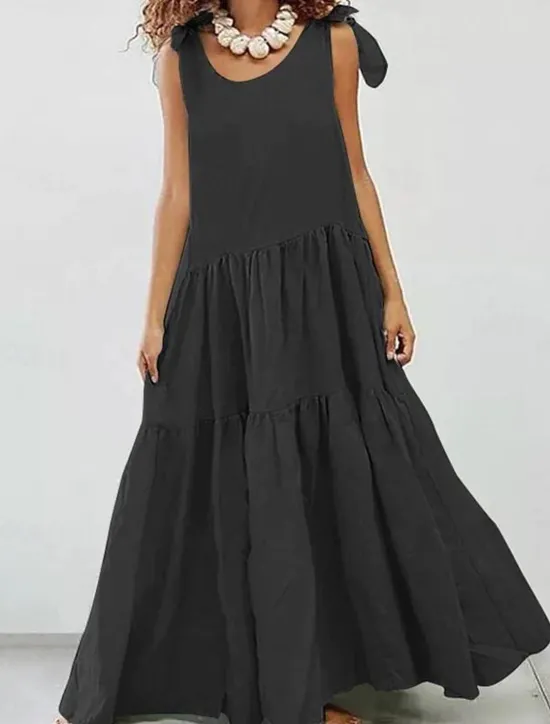 Clearance Women's White Dress Maxi Dress Ruffle Hem Vacation Casual Crew Neck Sleeveless Black White Sky Blue Color Women White Dresses