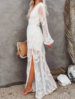 Women's White Dress Maxi Dress Patchwork Wedding Party Elegant V Neck Long Sleeve Black White Color Women White Dresses