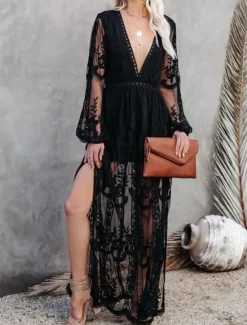 Women's White Dress Maxi Dress Patchwork Wedding Party Elegant V Neck Long Sleeve Black White Color Women White Dresses