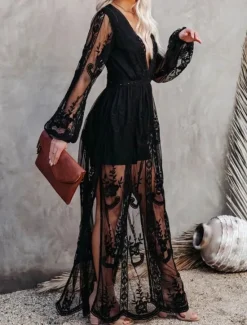 Women's White Dress Maxi Dress Patchwork Wedding Party Elegant V Neck Long Sleeve Black White Color Women White Dresses