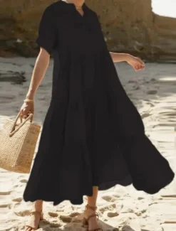 Outlet Women's White Dress Maxi Dress Ruffle Casual Stand Collar Long Sleeve Black White Yellow Color Women Vacation Dresses