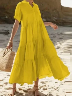 Outlet Women's White Dress Maxi Dress Ruffle Casual Stand Collar Long Sleeve Black White Yellow Color Women Vacation Dresses