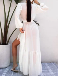 Women's White Dress Maxi Dress Chiffon Lace up Split Date Vacation Casual V Neck Long Sleeve Black White Blue Color Women White Dresses
