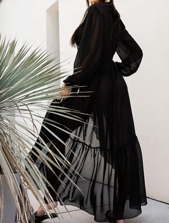 Women's White Dress Maxi Dress Chiffon Lace up Split Date Vacation Casual V Neck Long Sleeve Black White Blue Color Women White Dresses
