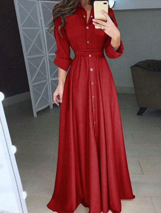 Women's White Dress Maxi Dress Lace up Button Date Vacation Streetwear Maxi Stand Collar Long Sleeve Black White Red Color Women White Dresses