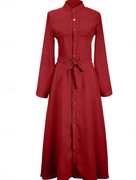 Women's White Dress Maxi Dress Lace up Button Date Vacation Streetwear Maxi Stand Collar Long Sleeve Black White Red Color Women White Dresses
