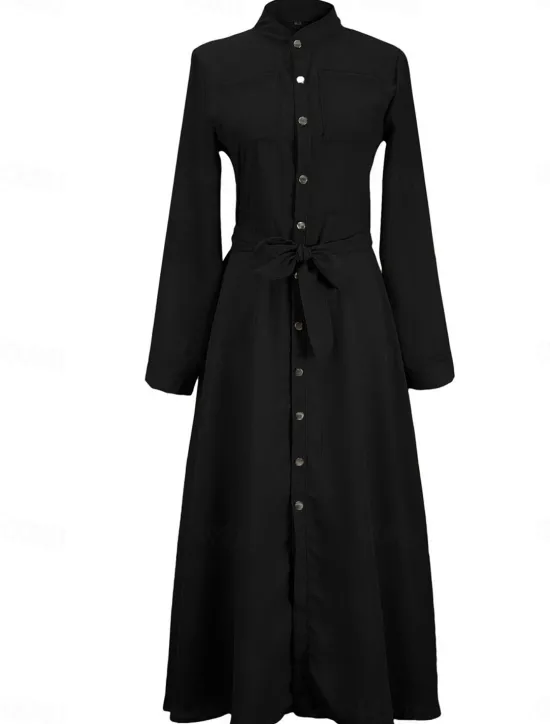 Women's White Dress Maxi Dress Lace up Button Date Vacation Streetwear Maxi Stand Collar Long Sleeve Black White Red Color Women White Dresses