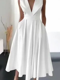 New Women's Dress Midi Dress Pocket Vacation Elegant Streetwear V Neck Sleeveless Color Women White Dresses