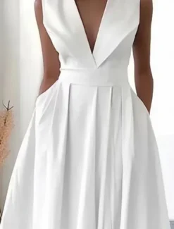 New Women's Dress Midi Dress Pocket Vacation Elegant Streetwear V Neck Sleeveless Color Women White Dresses