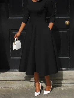 Discount Women's White Dress Midi Dress Pocket Daily Date Elegant Streetwear Crew Neck 3/4 Length Sleeve Black White Pink Color Women Cocktail Dress