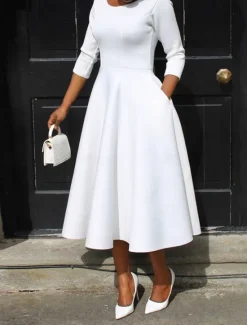 Discount Women's White Dress Midi Dress Pocket Daily Date Elegant Streetwear Crew Neck 3/4 Length Sleeve Black White Pink Color Women Cocktail Dress