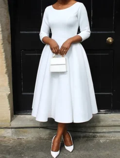 Discount Women's White Dress Midi Dress Pocket Daily Date Elegant Streetwear Crew Neck 3/4 Length Sleeve Black White Pink Color Women Cocktail Dress