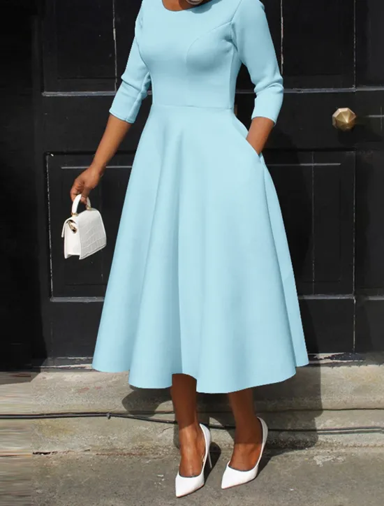 Discount Women's White Dress Midi Dress Pocket Daily Date Elegant Streetwear Crew Neck 3/4 Length Sleeve Black White Pink Color Women Cocktail Dress