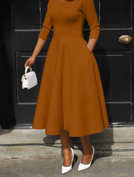 Discount Women's White Dress Midi Dress Pocket Daily Date Elegant Streetwear Crew Neck 3/4 Length Sleeve Black White Pink Color Women Cocktail Dress