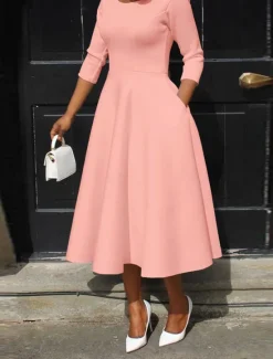 Discount Women's White Dress Midi Dress Pocket Daily Date Elegant Streetwear Crew Neck 3/4 Length Sleeve Black White Pink Color Women Cocktail Dress