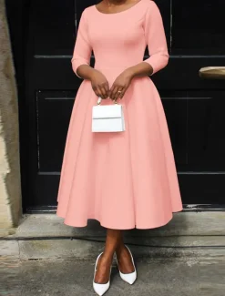 Discount Women's White Dress Midi Dress Pocket Daily Date Elegant Streetwear Crew Neck 3/4 Length Sleeve Black White Pink Color Women Cocktail Dress