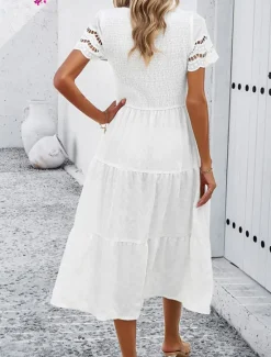 Women's White Dress Midi Dress Mesh Patchwork Date Vacation Streetwear Basic Crew Neck Short Sleeve Black White Brown Color Women White Dresses