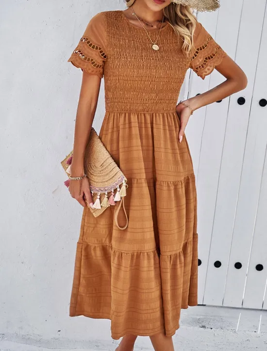 Women's White Dress Midi Dress Mesh Patchwork Date Vacation Streetwear Basic Crew Neck Short Sleeve Black White Brown Color Women White Dresses