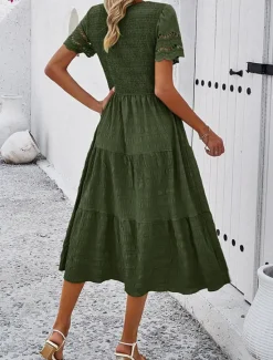 Women's White Dress Midi Dress Mesh Patchwork Date Vacation Streetwear Basic Crew Neck Short Sleeve Black White Brown Color Women White Dresses