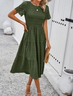 Women's White Dress Midi Dress Mesh Patchwork Date Vacation Streetwear Basic Crew Neck Short Sleeve Black White Brown Color Women White Dresses