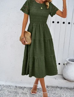 Women's White Dress Midi Dress Mesh Patchwork Date Vacation Streetwear Basic Crew Neck Short Sleeve Black White Brown Color Women White Dresses