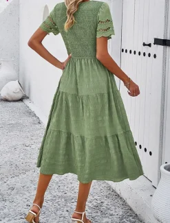 Women's White Dress Midi Dress Mesh Patchwork Date Vacation Streetwear Basic Crew Neck Short Sleeve Black White Brown Color Women White Dresses