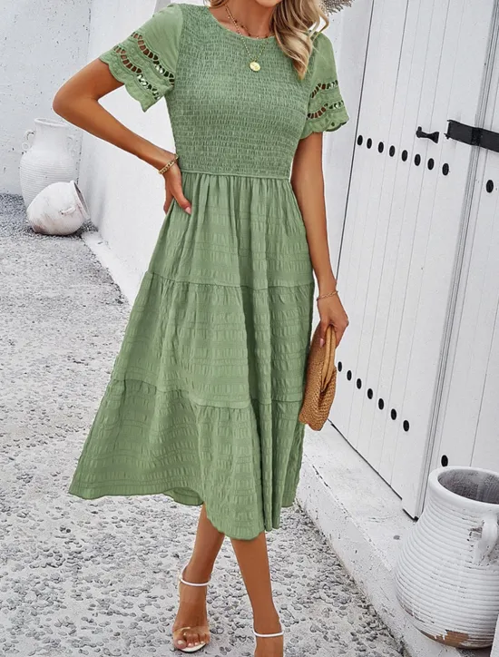 Women's White Dress Midi Dress Mesh Patchwork Date Vacation Streetwear Basic Crew Neck Short Sleeve Black White Brown Color Women White Dresses
