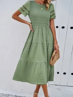 Women's White Dress Midi Dress Mesh Patchwork Date Vacation Streetwear Basic Crew Neck Short Sleeve Black White Brown Color Women White Dresses
