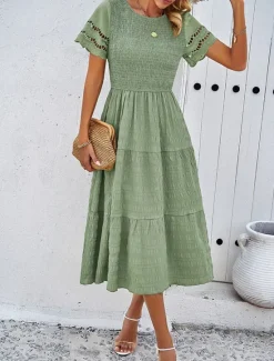 Women's White Dress Midi Dress Mesh Patchwork Date Vacation Streetwear Basic Crew Neck Short Sleeve Black White Brown Color Women White Dresses