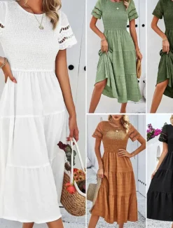 Women's White Dress Midi Dress Mesh Patchwork Date Vacation Streetwear Basic Crew Neck Short Sleeve Black White Brown Color Women White Dresses