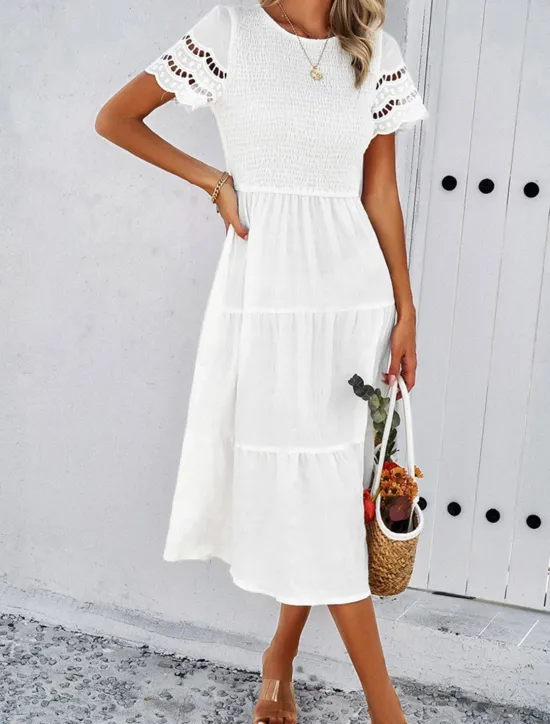 Women's White Dress Midi Dress Mesh Patchwork Date Vacation Streetwear Basic Crew Neck Short Sleeve Black White Brown Color Women White Dresses