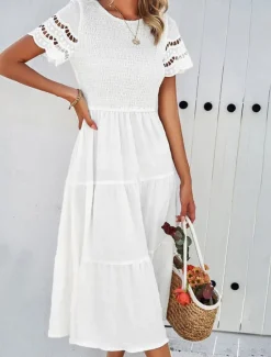 Women's White Dress Midi Dress Mesh Patchwork Date Vacation Streetwear Basic Crew Neck Short Sleeve Black White Brown Color Women White Dresses