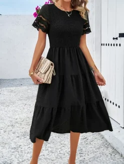 Women's White Dress Midi Dress Mesh Patchwork Date Vacation Streetwear Basic Crew Neck Short Sleeve Black White Brown Color Women White Dresses