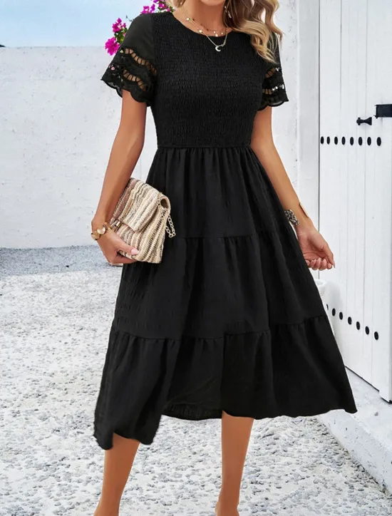 Women's White Dress Midi Dress Mesh Patchwork Date Vacation Streetwear Basic Crew Neck Short Sleeve Black White Brown Color Women White Dresses
