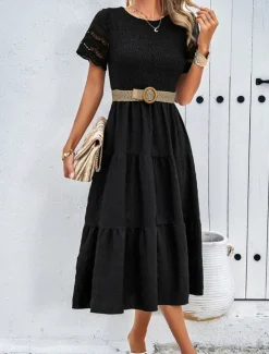 Women's White Dress Midi Dress Mesh Patchwork Date Vacation Streetwear Basic Crew Neck Short Sleeve Black White Brown Color Women White Dresses